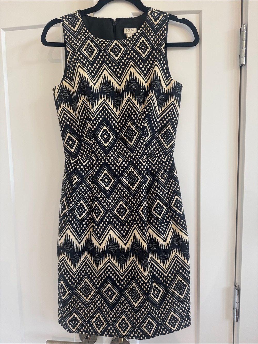 J. Crew Black and Cream Geometric Sleeveless Sheath Dress